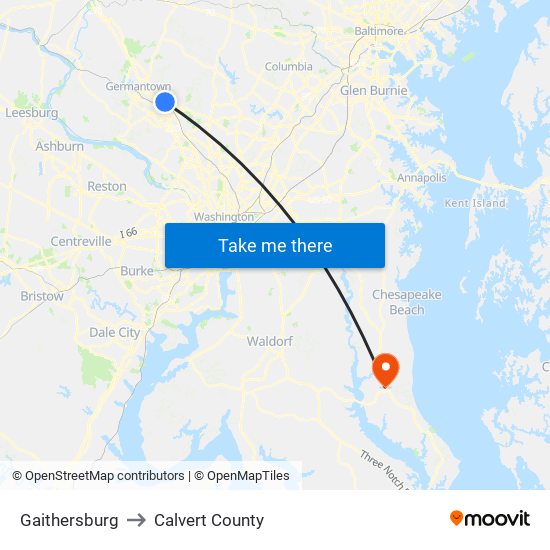 Gaithersburg to Calvert County map