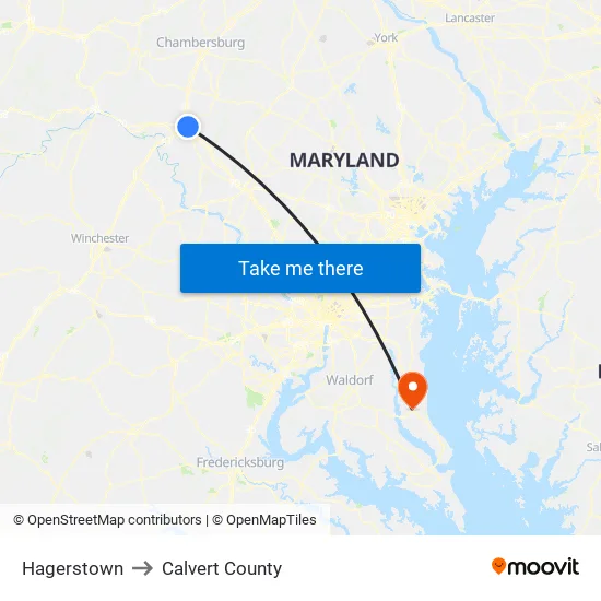 Hagerstown to Calvert County map