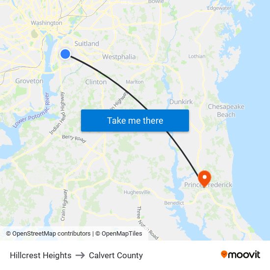 Hillcrest Heights to Calvert County map