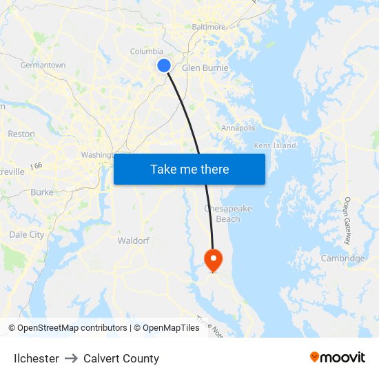 Ilchester to Calvert County map