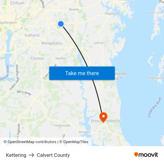 Kettering to Calvert County map