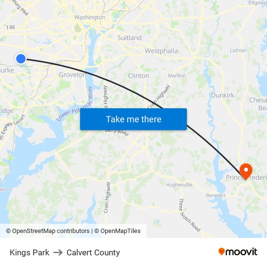 Kings Park to Calvert County map