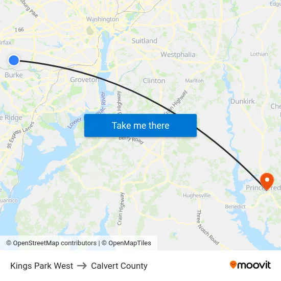Kings Park West to Calvert County map