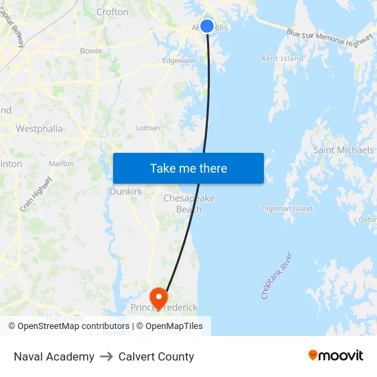 Naval Academy to Calvert County map