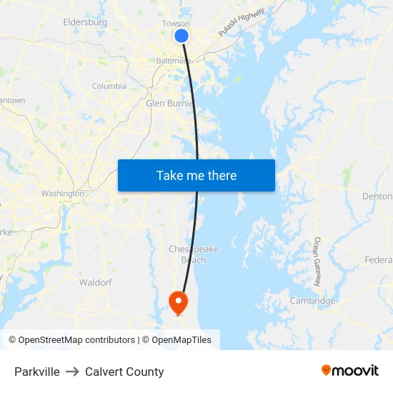 Parkville to Calvert County map