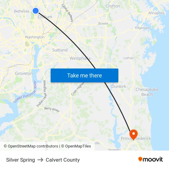 Silver Spring to Calvert County map