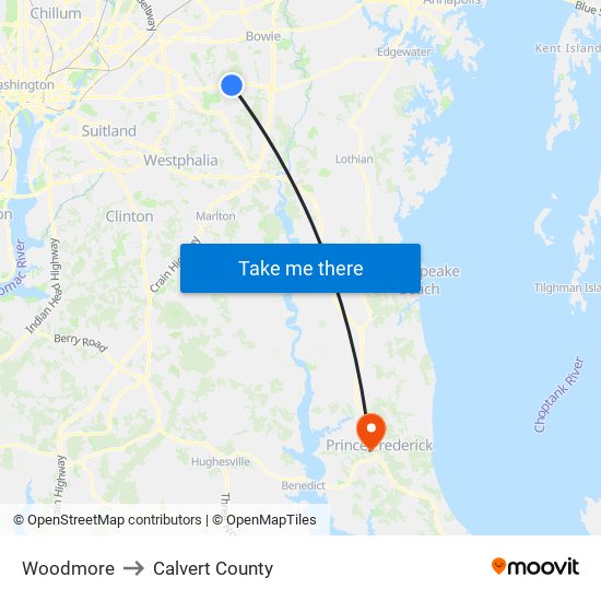 Woodmore to Calvert County map