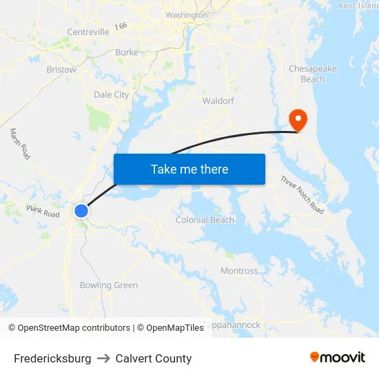 Fredericksburg to Calvert County map