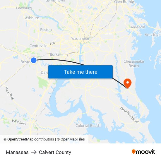 Manassas to Calvert County map