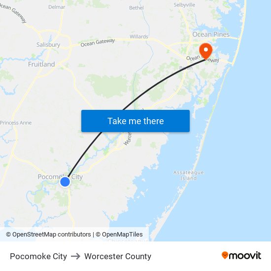 Pocomoke City to Worcester County map