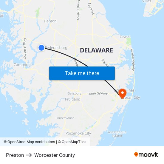 Preston to Worcester County map