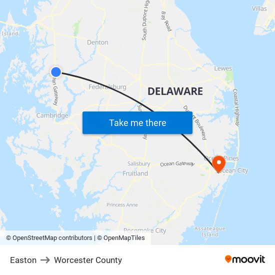 Easton to Worcester County map