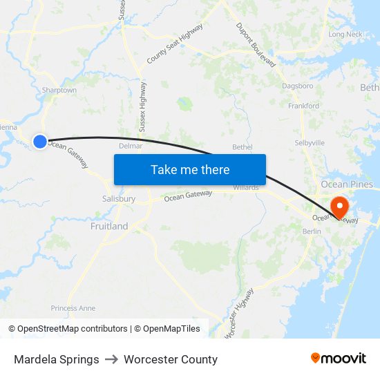 Mardela Springs to Worcester County map