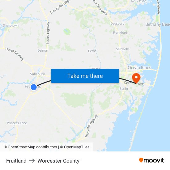 Fruitland to Worcester County map