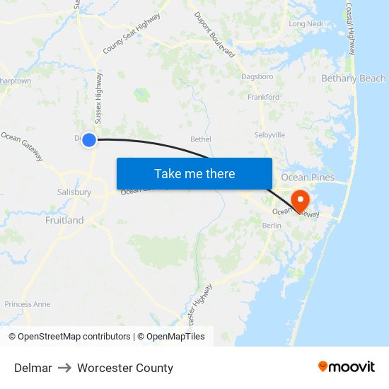 Delmar to Worcester County map
