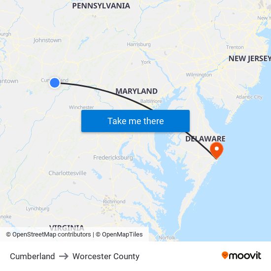 Cumberland to Worcester County map