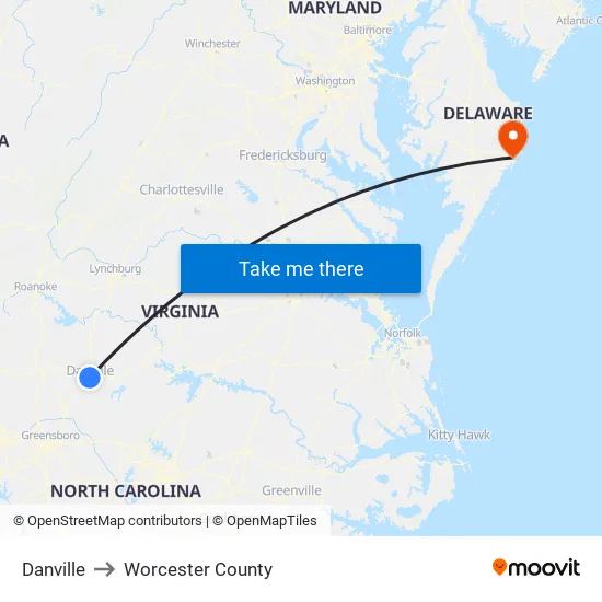 Danville to Worcester County map