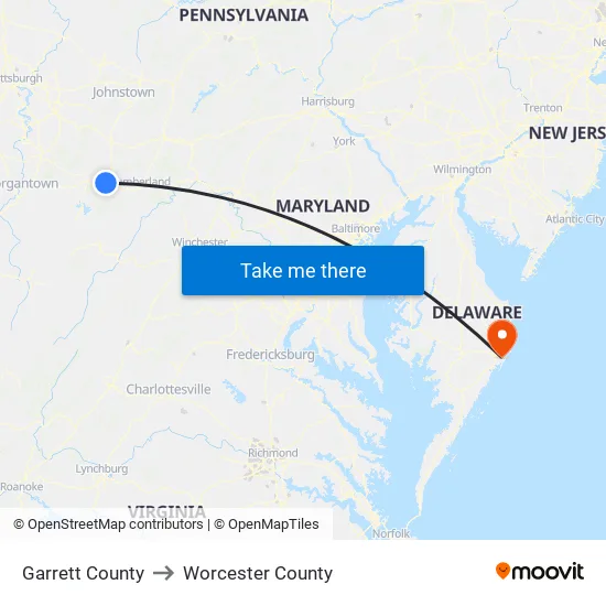 Garrett County to Worcester County map