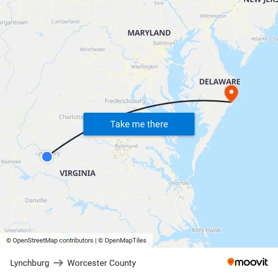 Lynchburg to Worcester County map