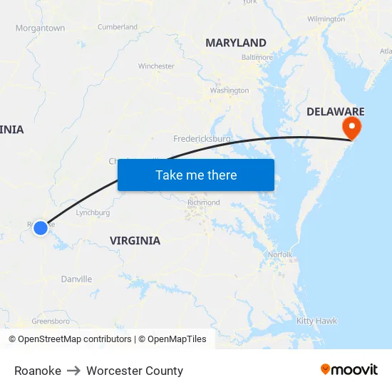 Roanoke to Worcester County map