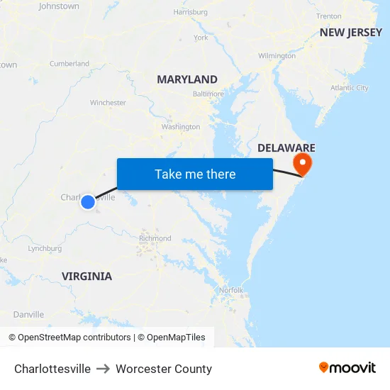 Charlottesville to Worcester County map
