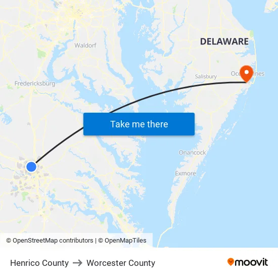 Henrico County to Worcester County map