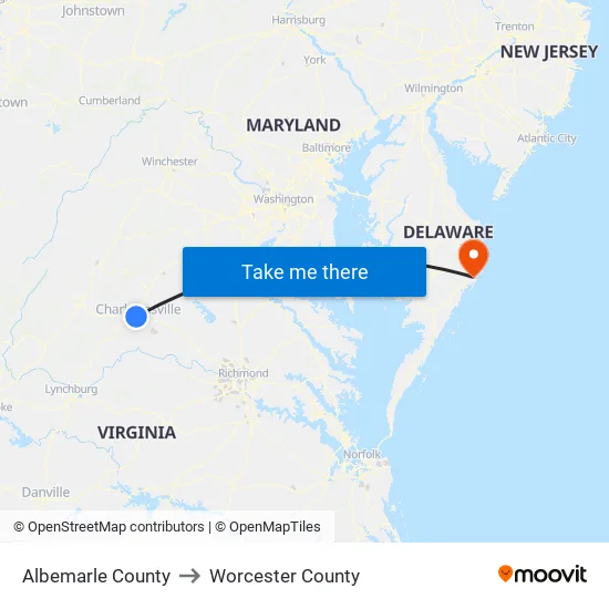 Albemarle County to Worcester County map