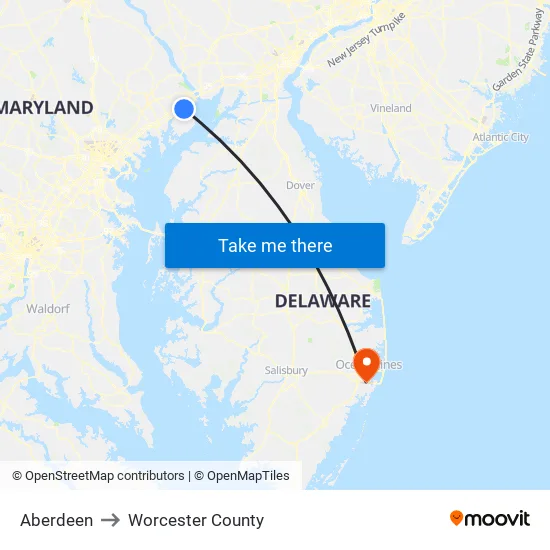 Aberdeen to Worcester County map