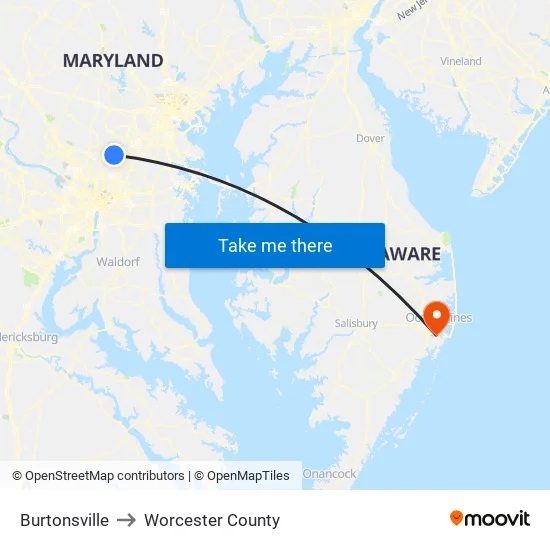 Burtonsville to Worcester County map