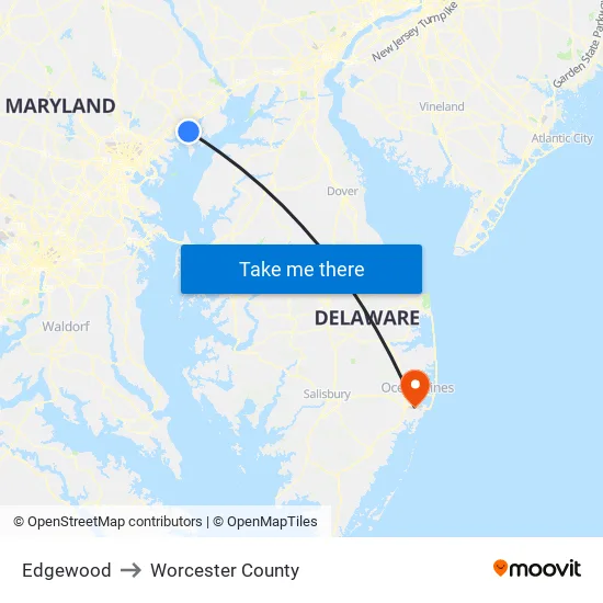 Edgewood to Worcester County map