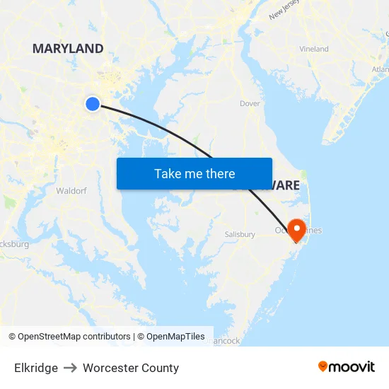 Elkridge to Worcester County map