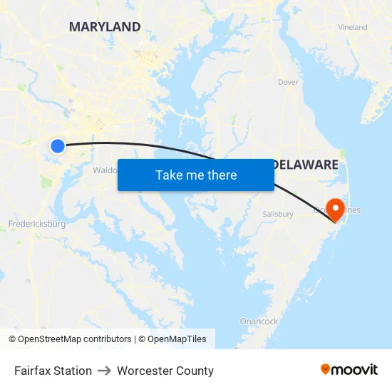 Fairfax Station to Worcester County map