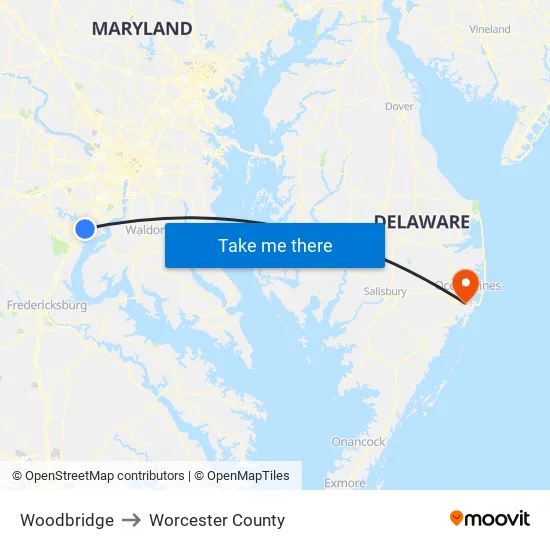 Woodbridge to Worcester County map