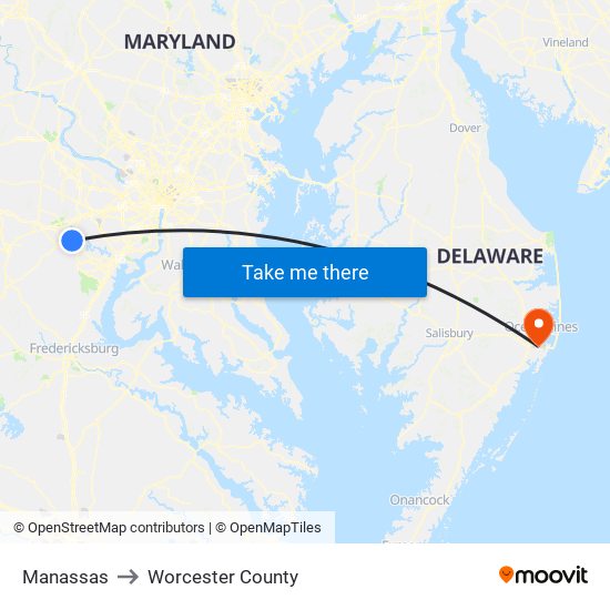 Manassas to Worcester County map