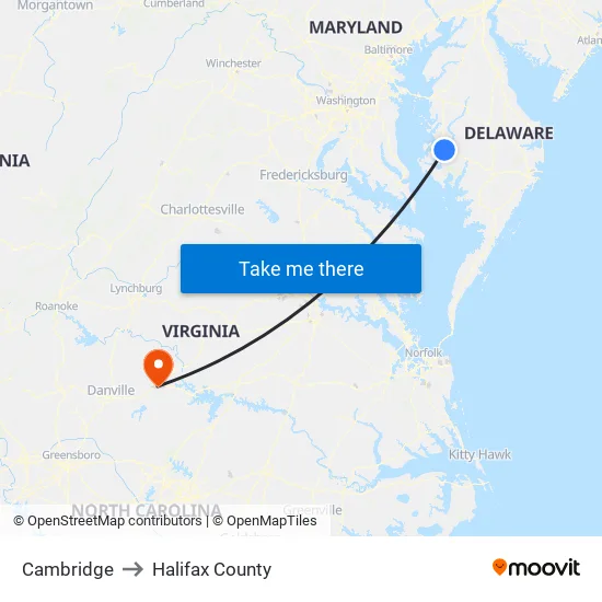 Cambridge to Halifax County map