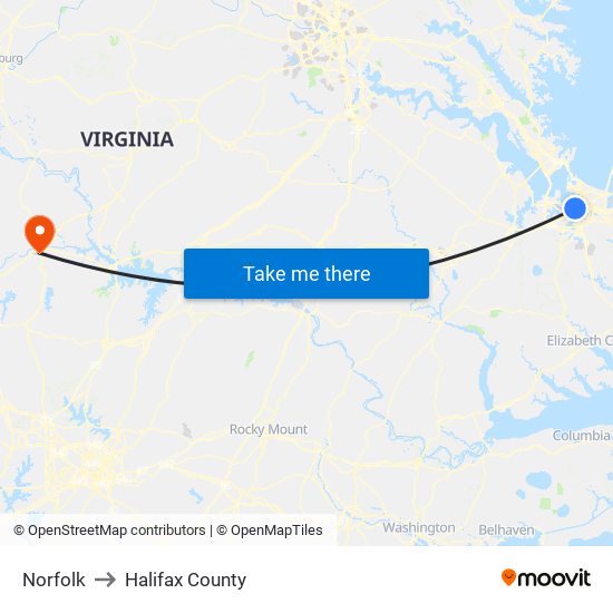 Norfolk to Halifax County map