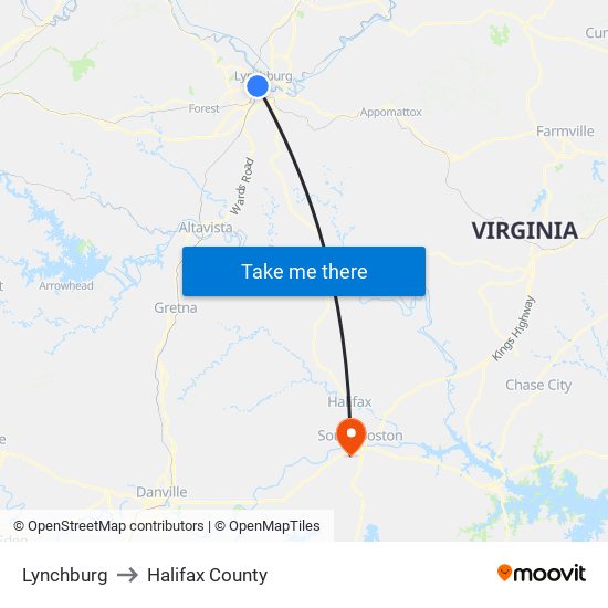 Lynchburg to Halifax County map