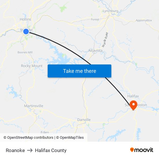 Roanoke to Halifax County map