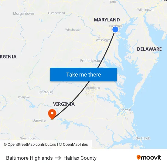 Baltimore Highlands to Halifax County map