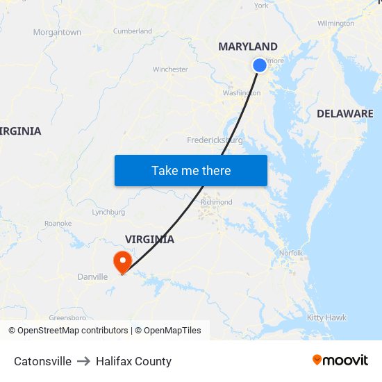 Catonsville to Halifax County map