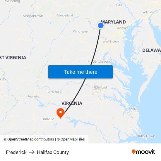 Frederick to Halifax County map