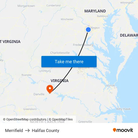 Merrifield to Halifax County map