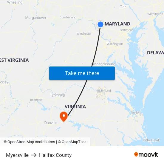Myersville to Halifax County map