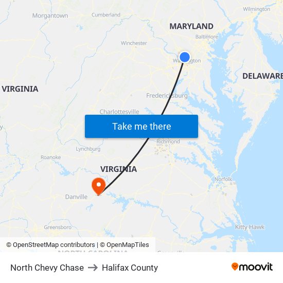 North Chevy Chase to Halifax County map