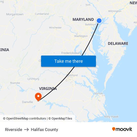 Riverside to Halifax County map