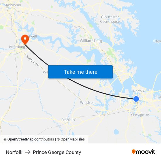 Norfolk to Prince George County map