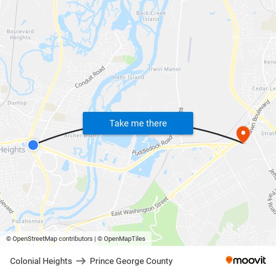 Colonial Heights to Prince George County map