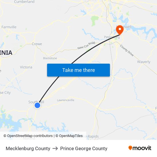 Mecklenburg County to Prince George County map