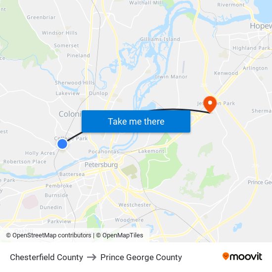 Chesterfield County to Prince George County map