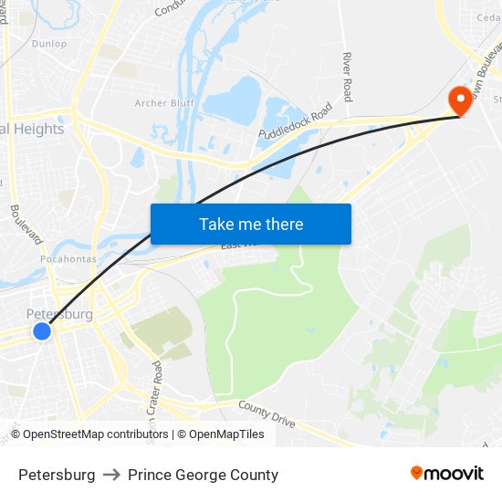 Petersburg to Prince George County map